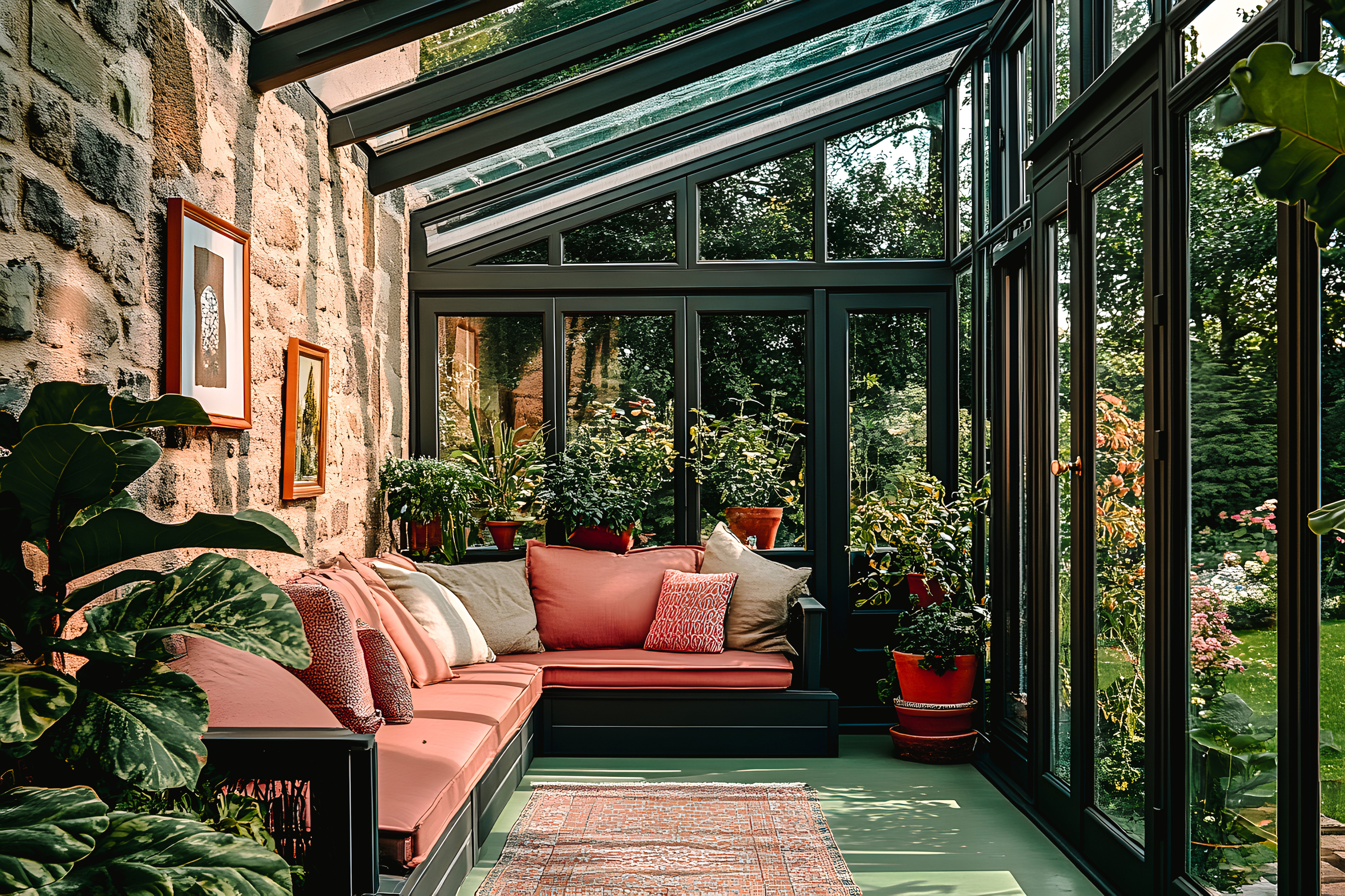 Photo de l'intérieur d'une véranda verrière aménagée avec un canapé d'angle et des plantes